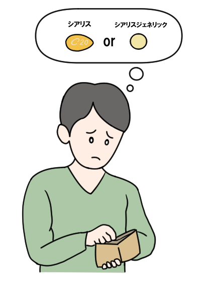 シアリスの種類を財布と相談している男性のイラスト