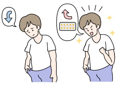 シアリスが無くて勃起出来ていない男性と、シアリスで勃起できて喜んでいる男性のイラスト